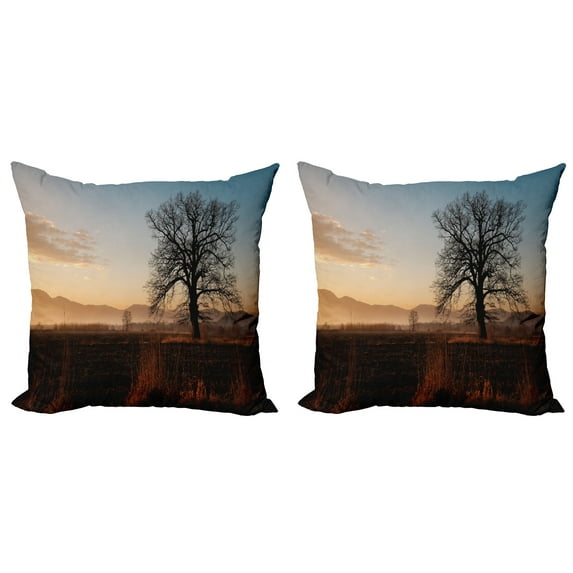 Ambesonne Tree Throw Pillow Cover 2 Pack, Countryside Autumn Dusk, 20", Brown Blue
