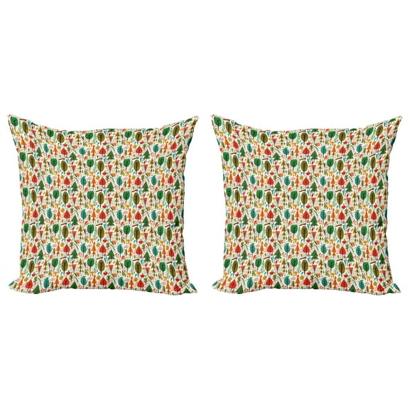 Ambesonne Tree Throw Pillow Cover 2 Pack, Joyous Forest Animals, 20", Multicolor