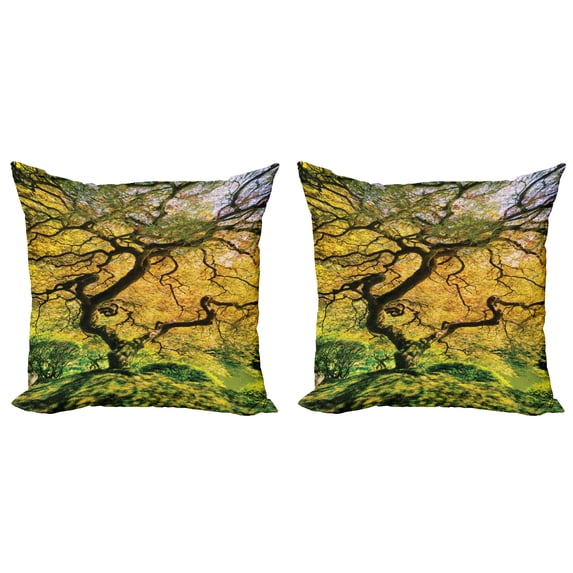 Ambesonne Tree Throw Pillow Cover 2 Pack, Large Maple with River, 18", Green Yellow