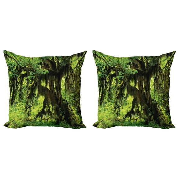 Ambesonne Tree Throw Pillow Cover 2 Pack, Moss Jungle Wildlife, 16", Green Brown
