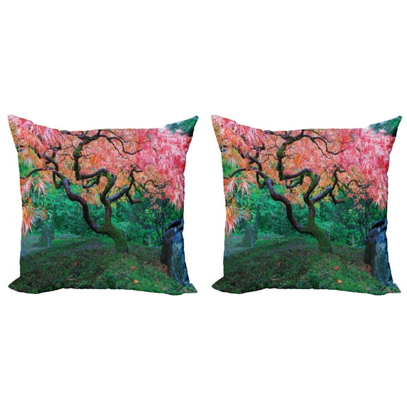 Ambesonne Tree Throw Pillow Cover 2 Pack, Red Leaf Maple in Garden, 20", Green