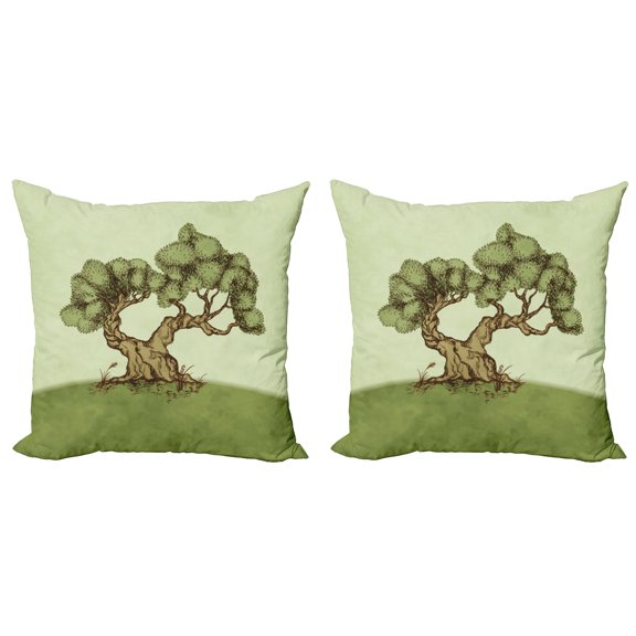 Ambesonne Tree Throw Pillow Cover 2 Pack, Spring Season Hills Olive, 18", Pale Green Pale Brown