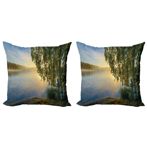 Ambesonne Tree Throw Pillow Cover 2 Pack, Sunny Misty Lake Summer, 18", Fern Green Pale Blue