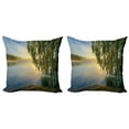 thumbnail image 1 of Ambesonne Tree Throw Pillow Cover 2 Pack, Sunny Misty Lake Summer, 24", Fern Green Pale Blue, 1 of 2