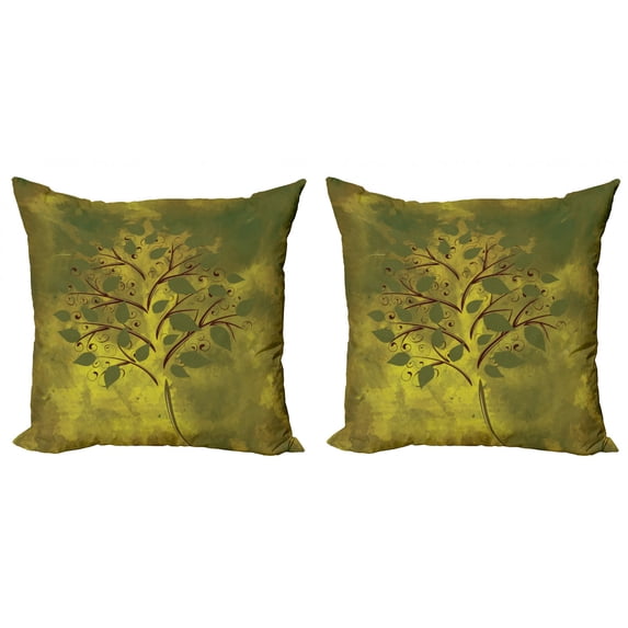 Ambesonne Tree Throw Pillow Cover 2 Pack, Tiny Tree with Lobed Leaf, 24", Brown Olive Green