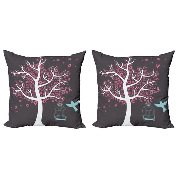Ambesonne Tree Throw Pillow Cover 2 Pack, Tree Bitd Cage Leaves, 20", Grey Pink Pale Grey