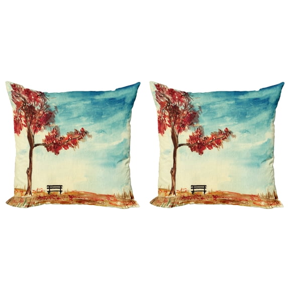 Ambesonne Tree Throw Pillow Cover 2 Pack, Watercolor Art Bench, 16", Orange Blue