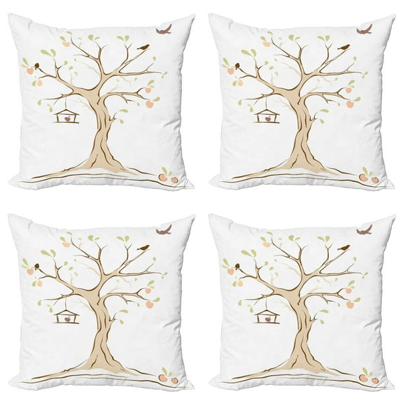 Ambesonne Tree Throw Pillow Cover 4 Pack, Apple Flying Birds Art, 24", Multicolor