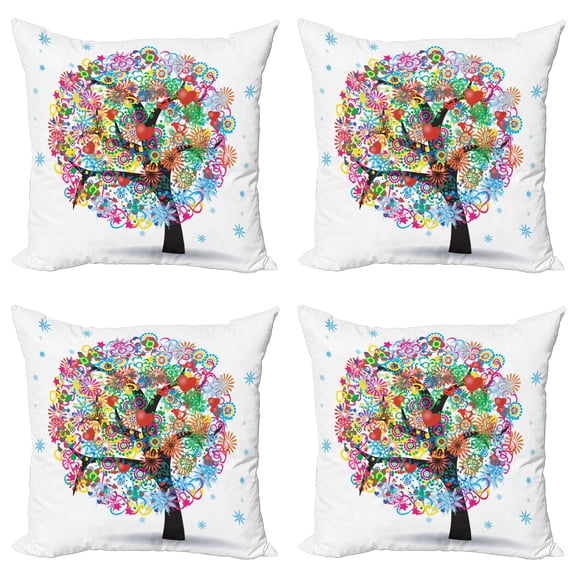Ambesonne Tree Throw Pillow Cover 4 Pack, Blooming Flowers Heart, 16", Multicolor