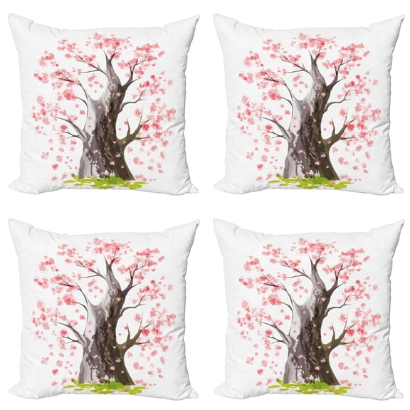 Ambesonne Tree Throw Pillow Cover 4 Pack, Blooming Sakura and Mountain, 16", Pink Black Green