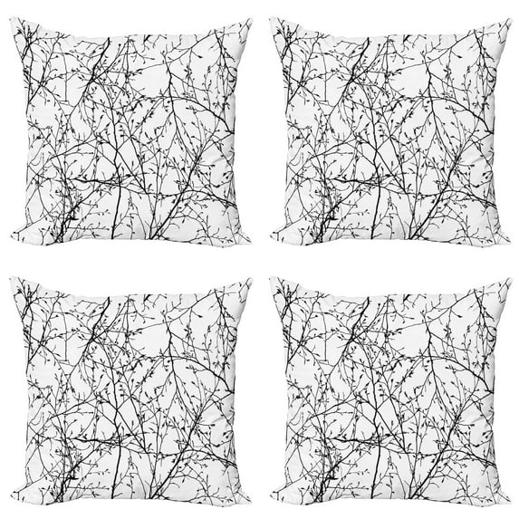 Ambesonne Tree Throw Pillow Cover 4 Pack, Branches with Leaves Buds, 20", Black White