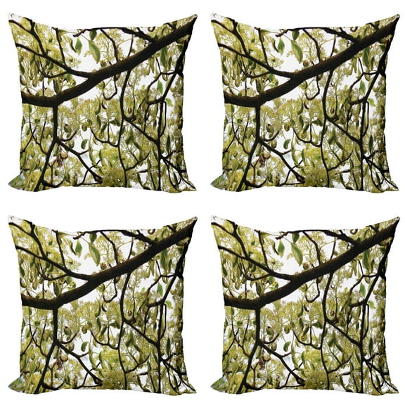 Ambesonne Tree Throw Pillow Cover 4 Pack, Close up Leafy Branches Photo, 16", Avocado Green Dark Brown