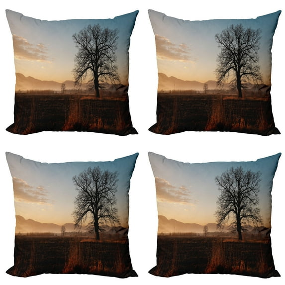 Ambesonne Tree Throw Pillow Cover 4 Pack, Countryside Autumn Dusk, 18", Brown Blue