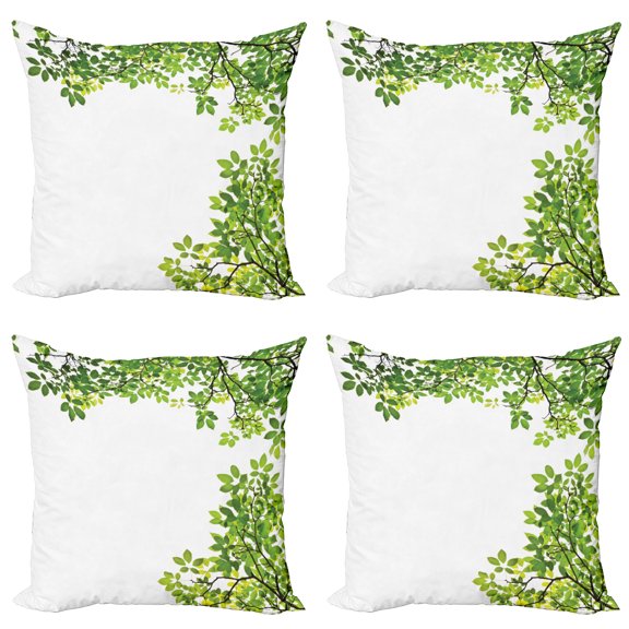 Ambesonne Tree Throw Pillow Cover 4 Pack, Fresh Branch with Leaves, 16", White Green