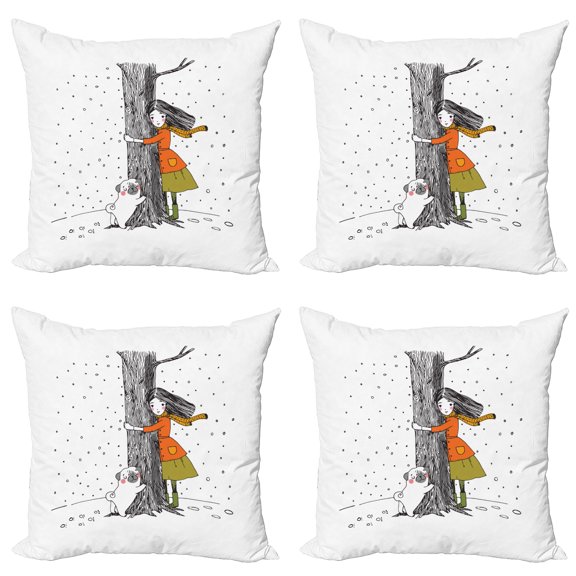 Ambesonne Tree Throw Pillow Cover 4 Pack, Girl Pug Hugging a Tree, 24", Multicolor
