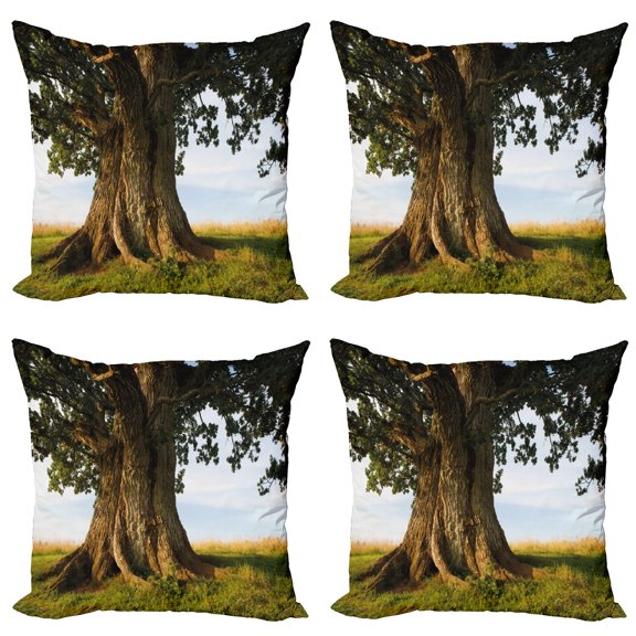 Ambesonne Tree Throw Pillow Cover 4 Pack, Majestic Oak Estonia Rural, 18", Cocoa Fern Green