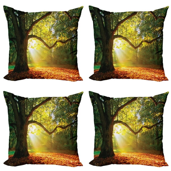 Ambesonne Tree Throw Pillow Cover 4 Pack, Oak Autumn Leaves, 18", Orange Green Brown