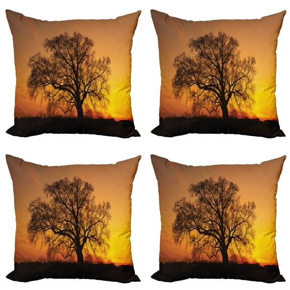 Ambesonne Tree Throw Pillow Cover 4 Pack, Old Oak at Sunset View, 20", Orange Brown