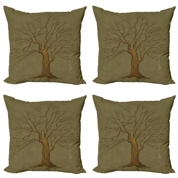 Ambesonne Tree Throw Pillow Cover 4 Pack, Old Paper Effect Vintage, 16", Olive Green