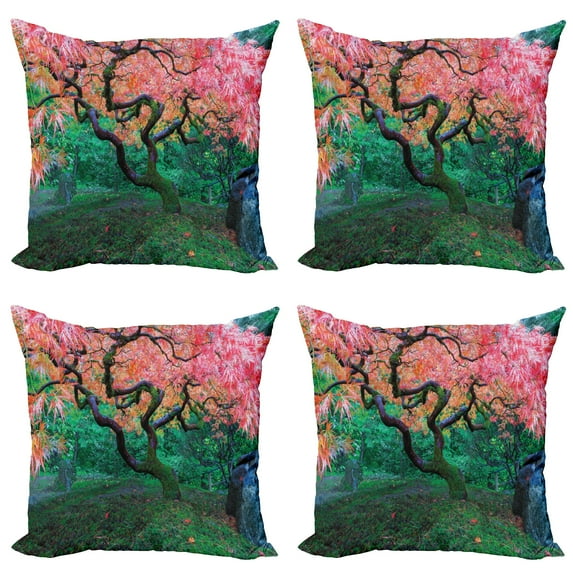 Ambesonne Tree Throw Pillow Cover 4 Pack, Red Leaf Maple in Garden, 24", Green