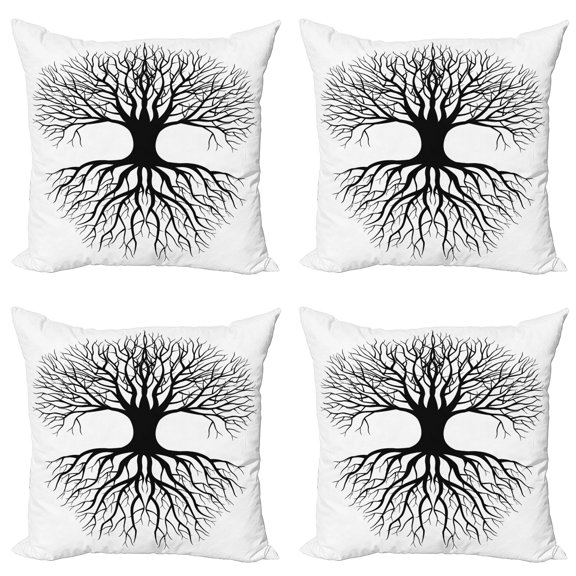 Ambesonne Tree Throw Pillow Cover 4 Pack, Roots Branch Leafless, 24", Black White
