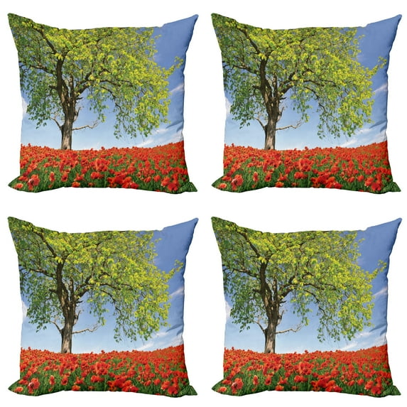 Ambesonne Tree Throw Pillow Cover 4 Pack, Spring Scenery Flowers, 20", Green Red Blue