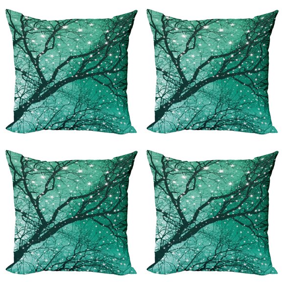 Ambesonne Tree Throw Pillow Cover 4 Pack, Stars Bare Branches, 18", Sea Green Dark Teal