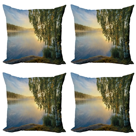 Ambesonne Tree Throw Pillow Cover 4 Pack, Sunny Misty Lake Summer, 18", Fern Green Pale Blue