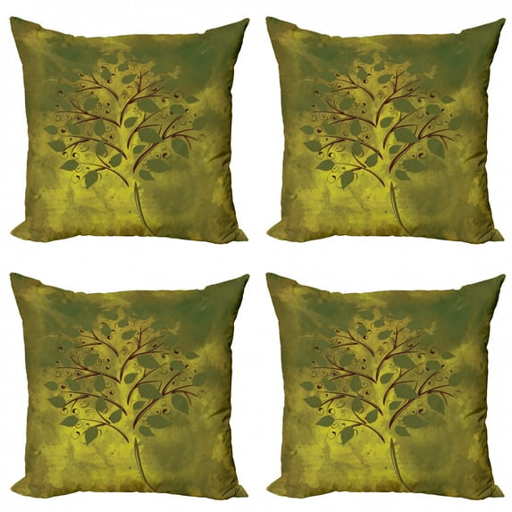 Ambesonne Tree Throw Pillow Cover 4 Pack, Tiny Tree with Lobed Leaf, 16", Brown Olive Green