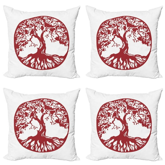 Ambesonne Tree Throw Pillow Cover 4 Pack, Traditional Oak Silhouette, 20", Ruby and White