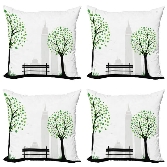 Ambesonne Tree Throw Pillow Cover 4 Pack, Urban and Rural Harmony, 18", Green Black