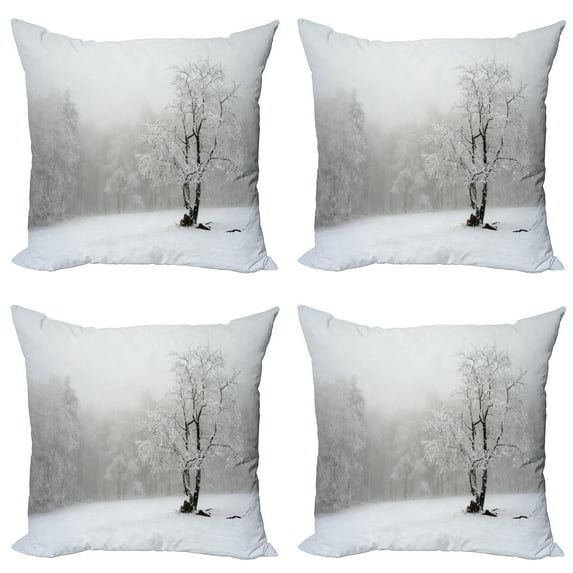 Ambesonne Tree Throw Pillow Cover 4 Pack, Winter Snowy Forest Cold, 16", White Black