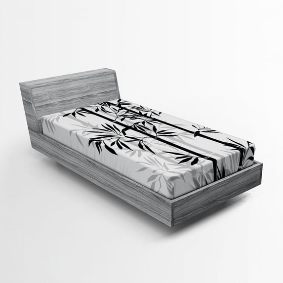 Ambesonne Tree of Life Fitted Sheet, Monochrome Tree Leaves, Twin XL Size, White and Black