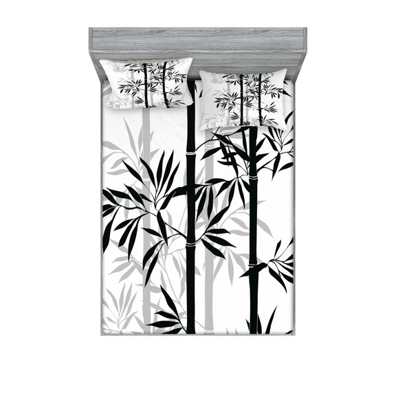 Ambesonne Tree of Life Fitted Sheet & Pillow Sham Set, Monochrome Tree Leaves, Full, White and Black