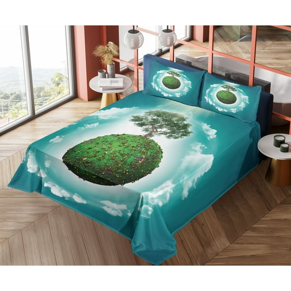 Ambesonne Tree of Life Fitted & Top Sheet Set with Shams, Ecology World Art, Green Blue White