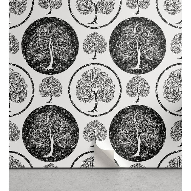 Ambesonne Tree of Life Peel & Stick Wallpaper for Home, Grunge Style Design, 13"x100", Black White