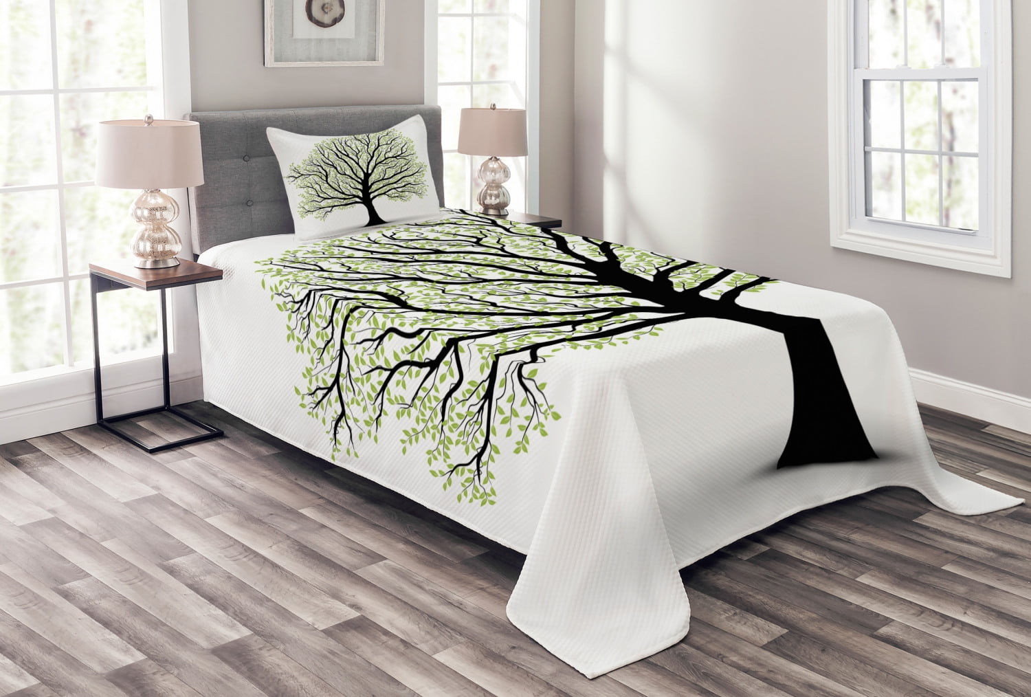 White Twin Quilted Bedspread Set with Tree Design