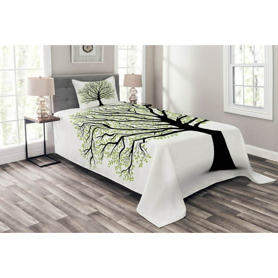 Ambesonne Tree of Life Quilted Bedspread Set 2 Pcs, Nature Living Leaves, Twin Size, Black White Green