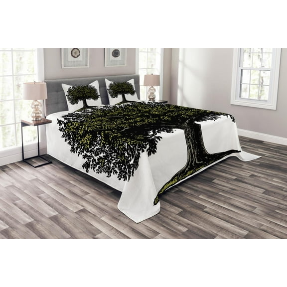 Ambesonne Tree of Life Quilted Bedspread Set 3 Pcs, Digital Fruit Tree, King Size, Brown Green