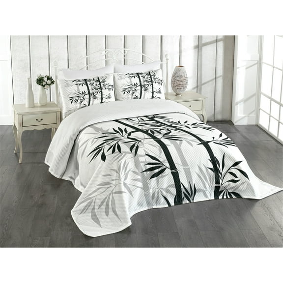Ambesonne Tree of Life Quilted Bedspread Set 3 Pcs, Monochrome Tree Leaves, Queen Size, White and Black
