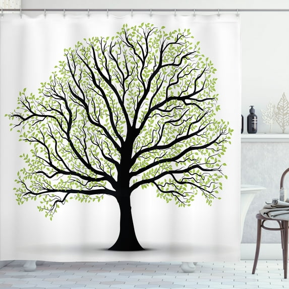 Ambesonne Tree of Life Shower Curtain, Nature Living Leaves, 69"Wx70"L, Black White Green