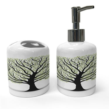 Ambesonne Tree of Life Soap Dispenser & Toothbrush Holder Set, Nature Living Leaves, 2 Pcs, Black White Green