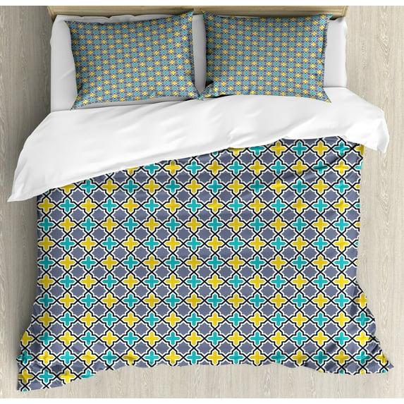 Ambesonne Trellis Duvet Cover Set, Antique Retro Pattern, 2-Calking, Purple Yellow Sky Blue