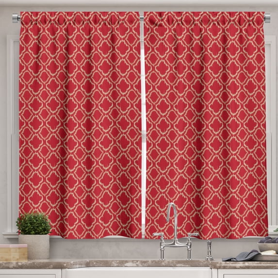 Ambesonne Trellis Kitchen Curtains, Tie Dye Ikat Fashion, 55"x45", Ruby Ecru