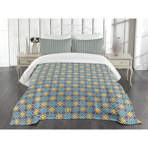 Ambesonne Trellis Quilted Bedspread Set 3 Pcs, Antique Retro Pattern, Queen Size, Purple Yellow Sky Blue