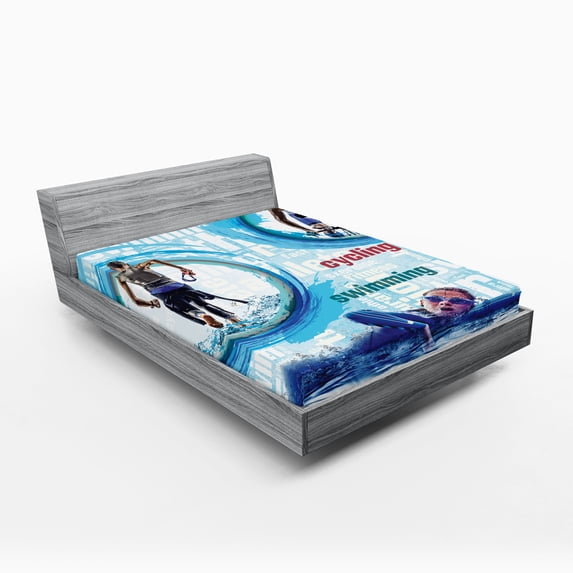Ambesonne Triathlon Fitted Sheet, Running Cycling Swimming, Queen Size, Sky Blue and Multicolor