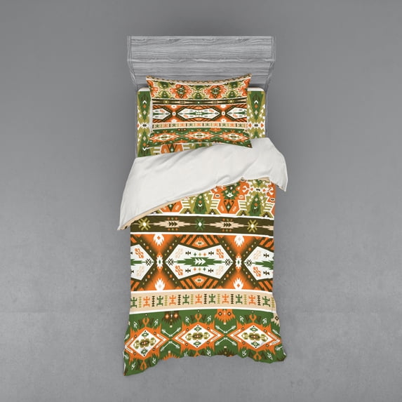 Ambesonne Tribal Bedding Set 3 Pcs, Aztec Mayan Style Stripe, Twin, Green Brown Amber