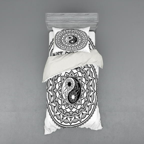 Ambesonne Tribal Bedding Set 3 Pcs, Eastern Blossom Yin Yang, Twin, Black White