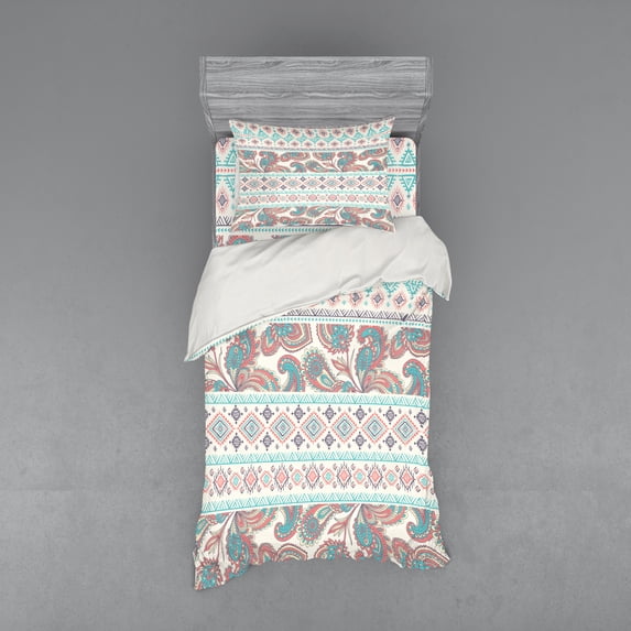 Ambesonne Tribal Bedding Set 3 Pcs, Floral Paisley and Aztec, Twin, Cream Aqua and Coral