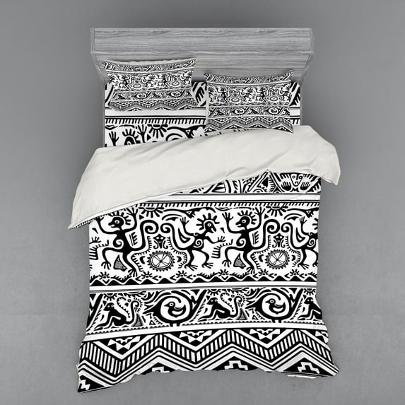 Ambesonne Tribal Bedding Set 4 Pcs, Cave Drawings, Queen, Black White